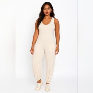 French Terry Sleeveless Jumpsuit with Pockets in Cream Size M